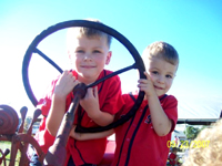 Driving a tractor at the farm.
