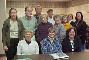 The class.  Bottom, from left: Sara, Jo Ann, Marie; Top, from left: Kathy, Jim, Lydia, Carol, Joan, 
Barbara, Alex; 
Rear: Don, Bob. Photographed by Rosemary (not pictured).